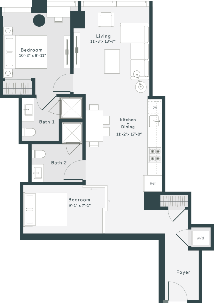 1400 Wabash 2-Bed Flex Floor Plan