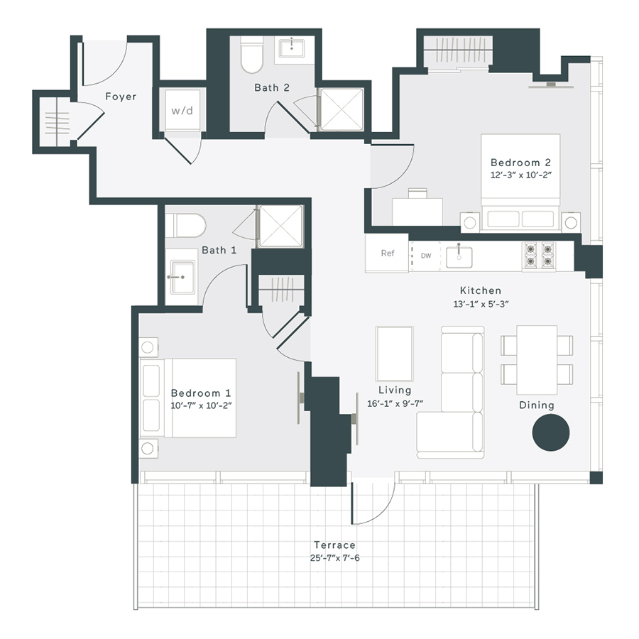 Rendering of the T2 floor plan with 2 bedroom[s] and 2 bathroom[s] at 1400 Wabash