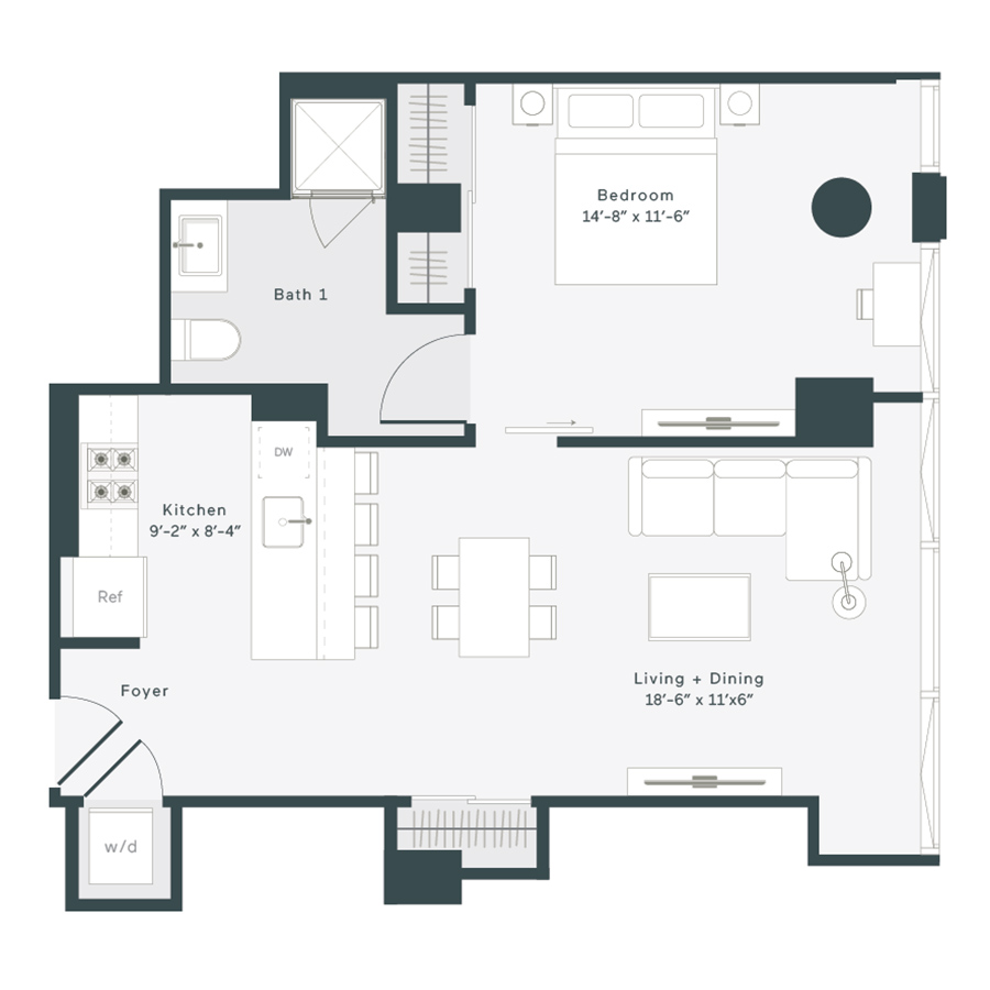 Rendering of the O3 floor plan with 1 bedroom[s] and 1 bathroom[s] at 1400 Wabash