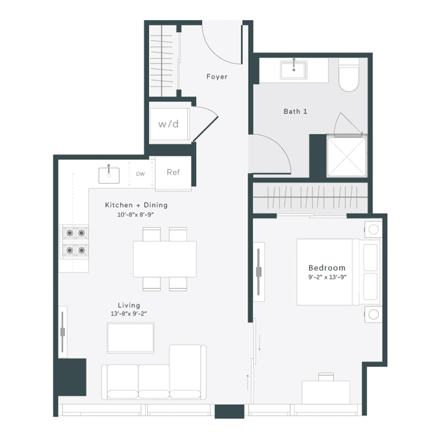 Rendering of the O4 floor plan with 1 bedroom[s] and 1 bathroom[s] at 1400 Wabash