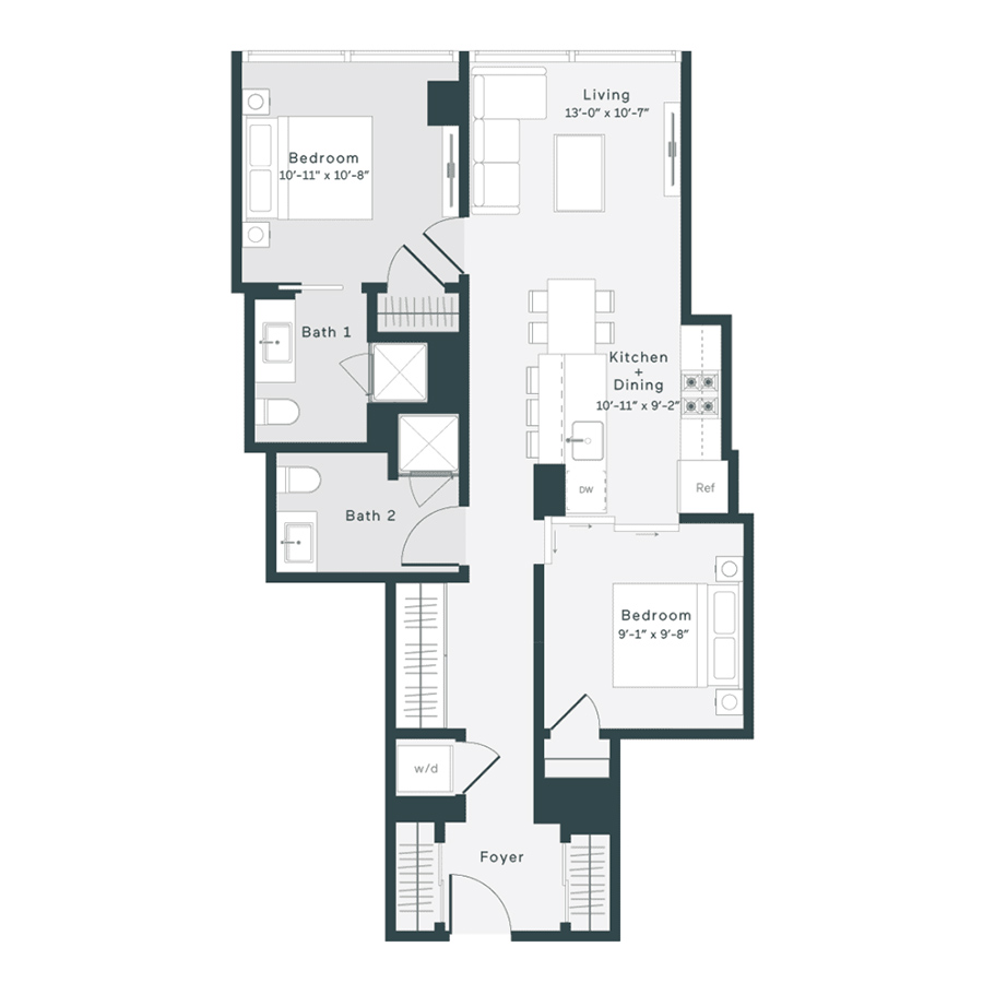 Rendering of the D4 floor plan with 1 bedroom[s] and 2 bathroom[s] at 1400 Wabash
