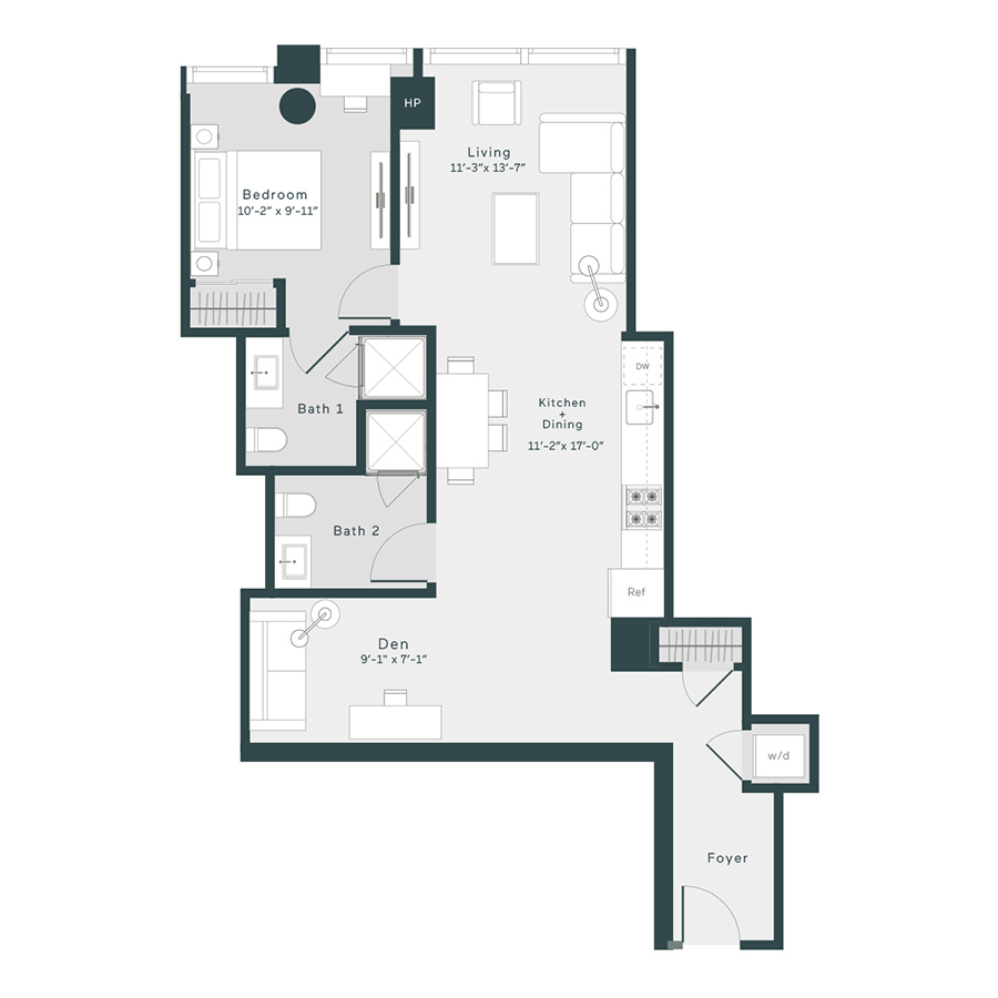 Rendering of the D2 floor plan with 1 bedroom[s] and 2 bathroom[s] at 1400 Wabash