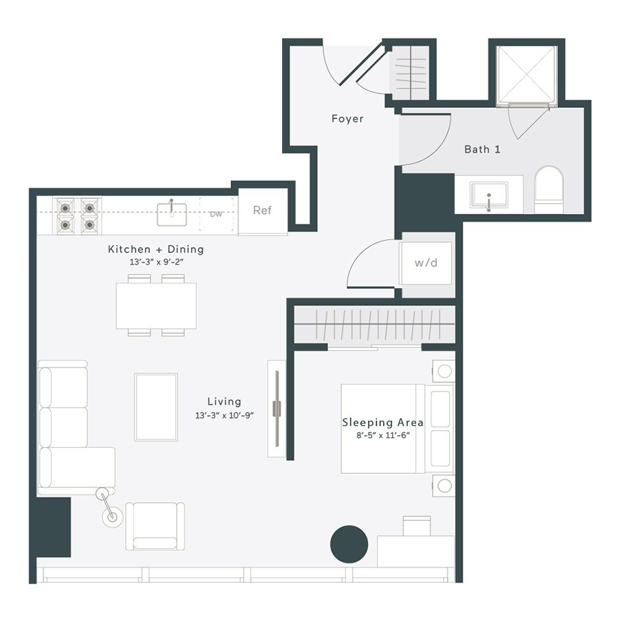 Rendering of the C3 floor plan with a Studio bedroom and 1 bathroom[s] at 1400 Wabash