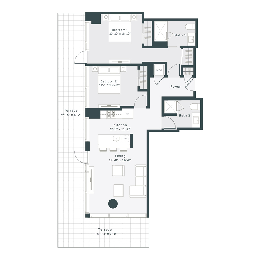 Rendering of the T5 floor plan with 2 bedroom[s] and 2 bathroom[s] at 1400 Wabash