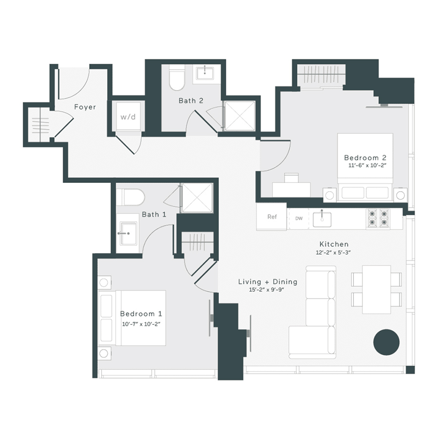 Rendering of the T3 floor plan with 2 bedroom[s] and 2 bathroom[s] at 1400 Wabash