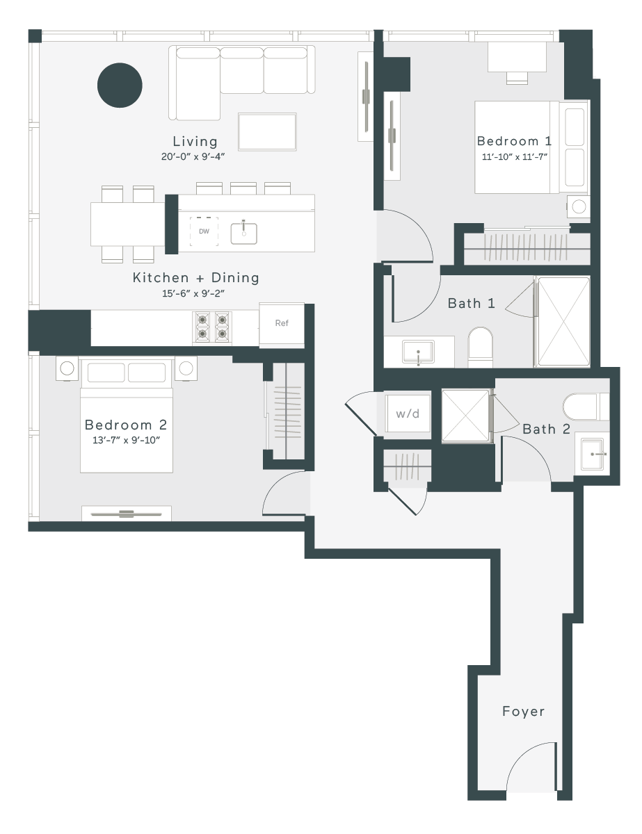 Rendering of the T9 floor plan with 2 bedroom[s] and 2 bathroom[s] at 1400 Wabash