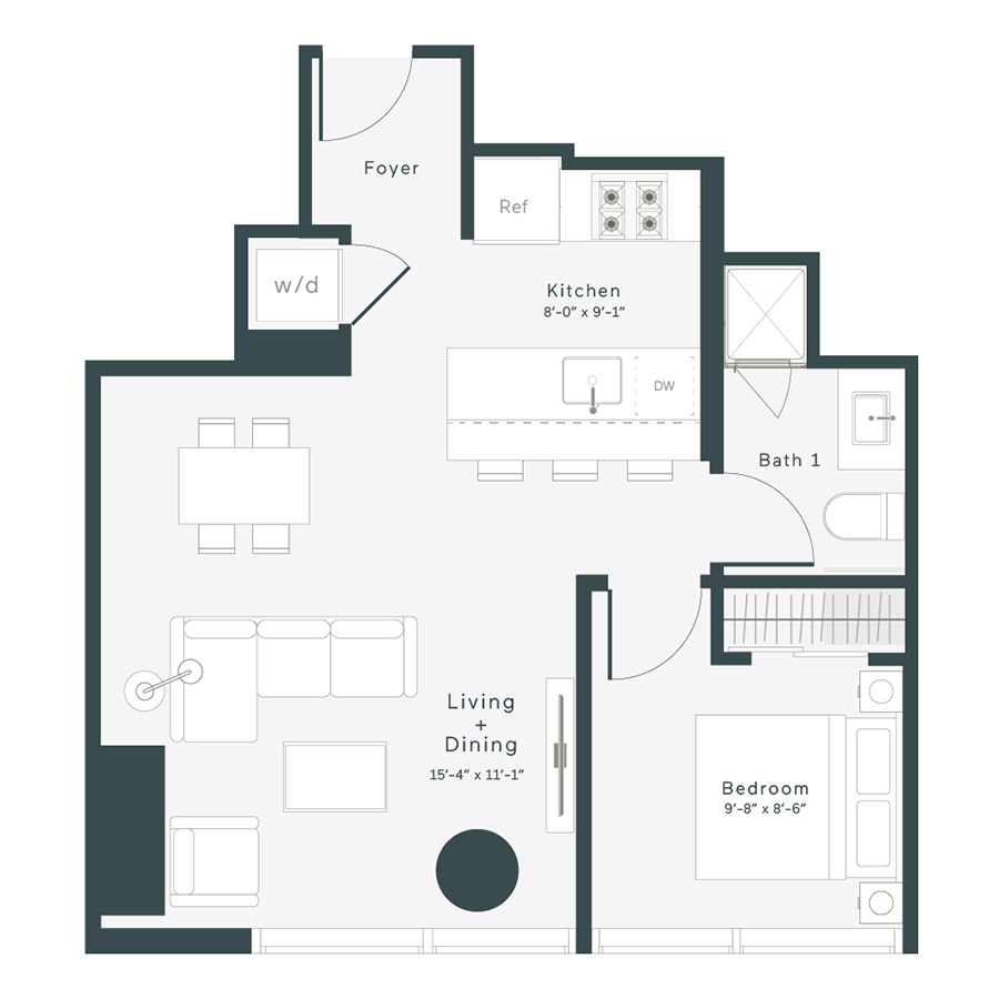 Rendering of the O6 floor plan with 1 bedroom[s] and 1 bathroom[s] at 1400 Wabash