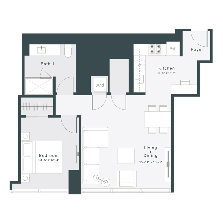 Rendering of the O7 floor plan with 1 bedroom[s] and 1 bathroom[s] at 1400 Wabash