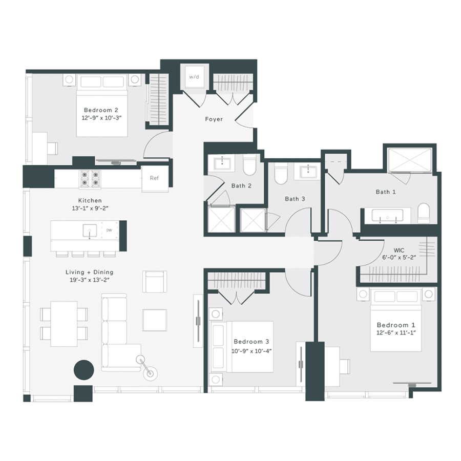 Rendering of the P1 floor plan with 3 bedroom[s] and 3 bathroom[s] at 1400 Wabash